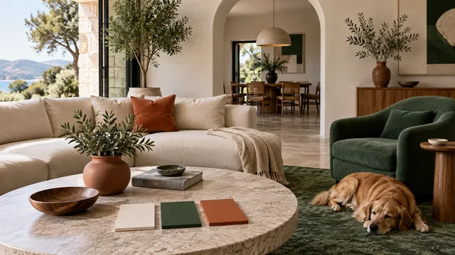 Living room illustrating the 60-30-10 color rule with cream surfaces, green furnishings and terracotta accents