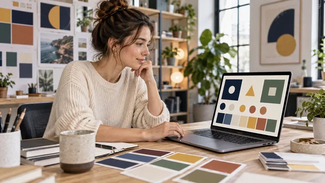 Designer reviewing an accessible color palette with contrasting navy, cream and gold shapes on a laptop