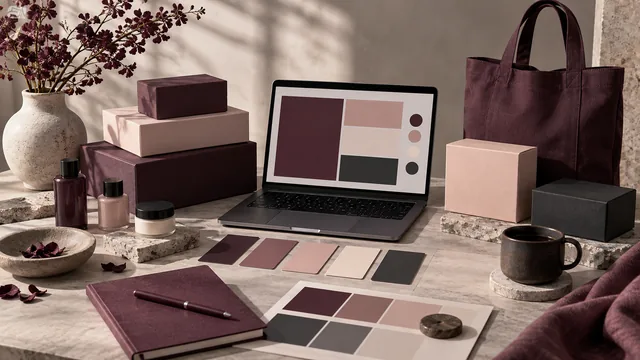 Coordinated plum, blush, cream and charcoal brand palette applied to packaging, stationery and a tote bag