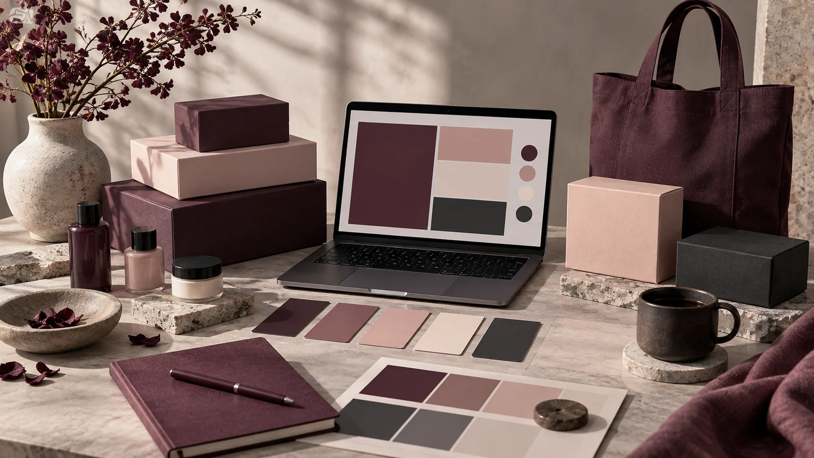 Coordinated plum, blush, cream and charcoal brand palette applied to packaging, stationery and a tote bag