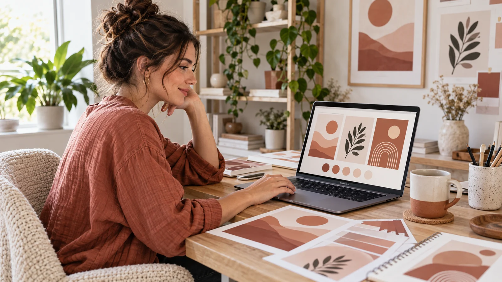Designer pairing a terracotta and cream color palette with abstract social media graphic mockups