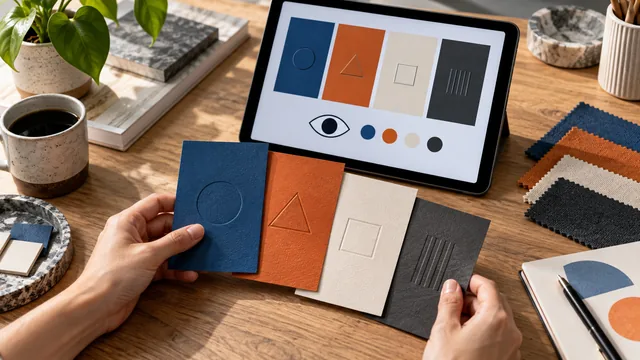 Color-blind-friendly palette concept using blue, orange and neutral swatches with distinct shapes and stripe patterns