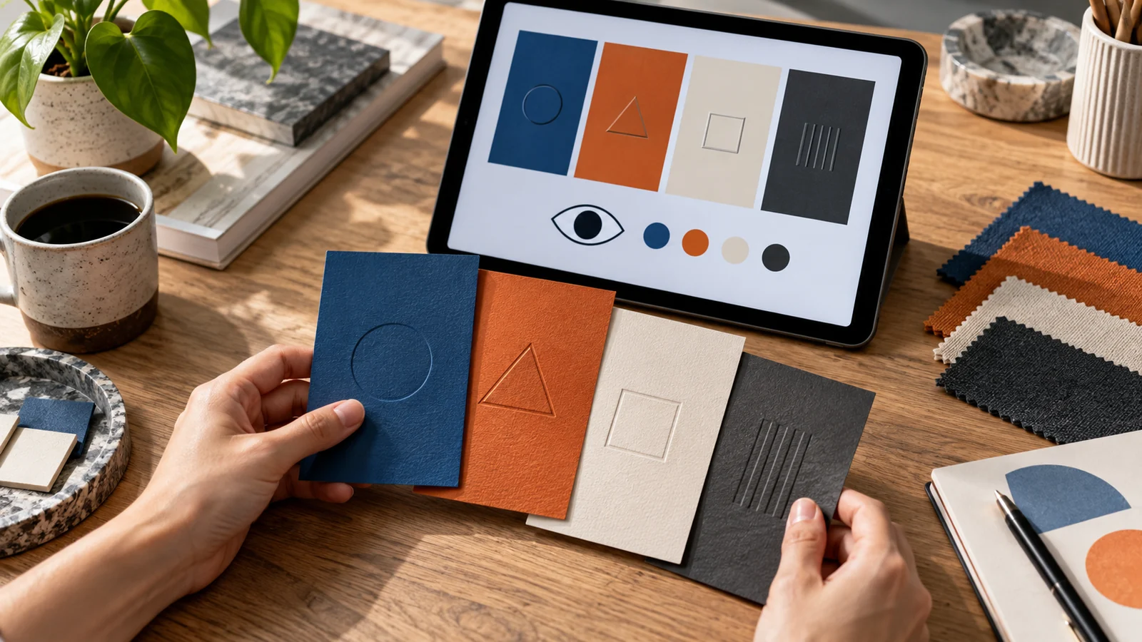 Color-blind-friendly palette concept using blue, orange and neutral swatches with distinct shapes and stripe patterns