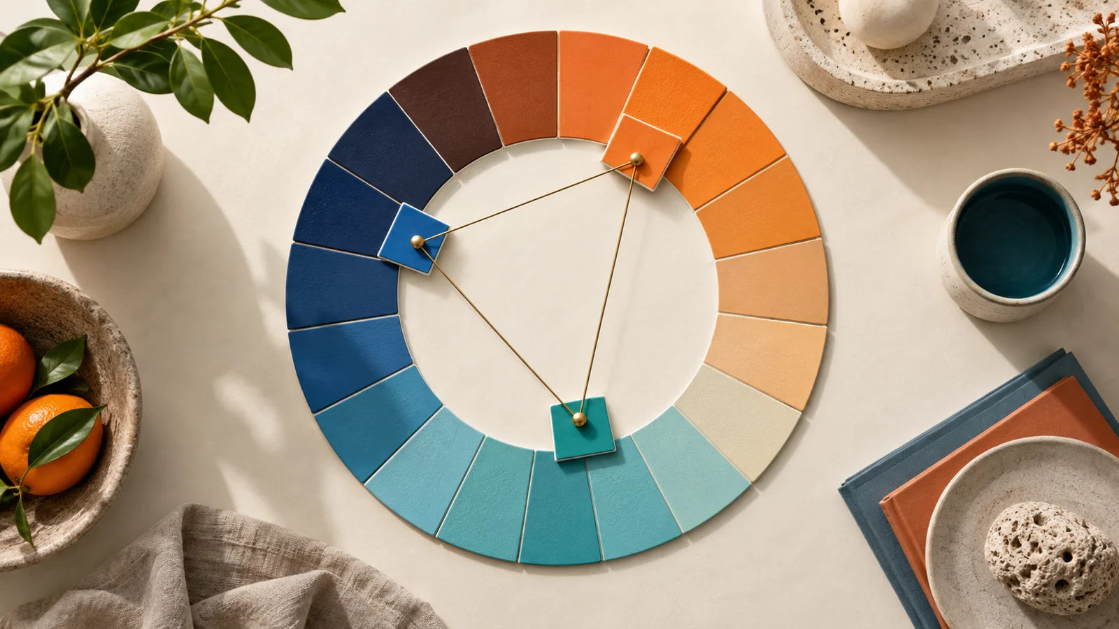 Circular color swatches with connected blue, orange and teal tiles illustrating color harmony relationships