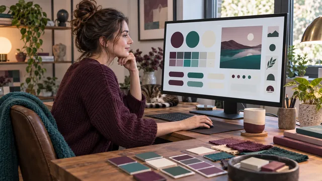 Web designer reviewing reusable interface components with a coordinated plum, teal and cream color palette