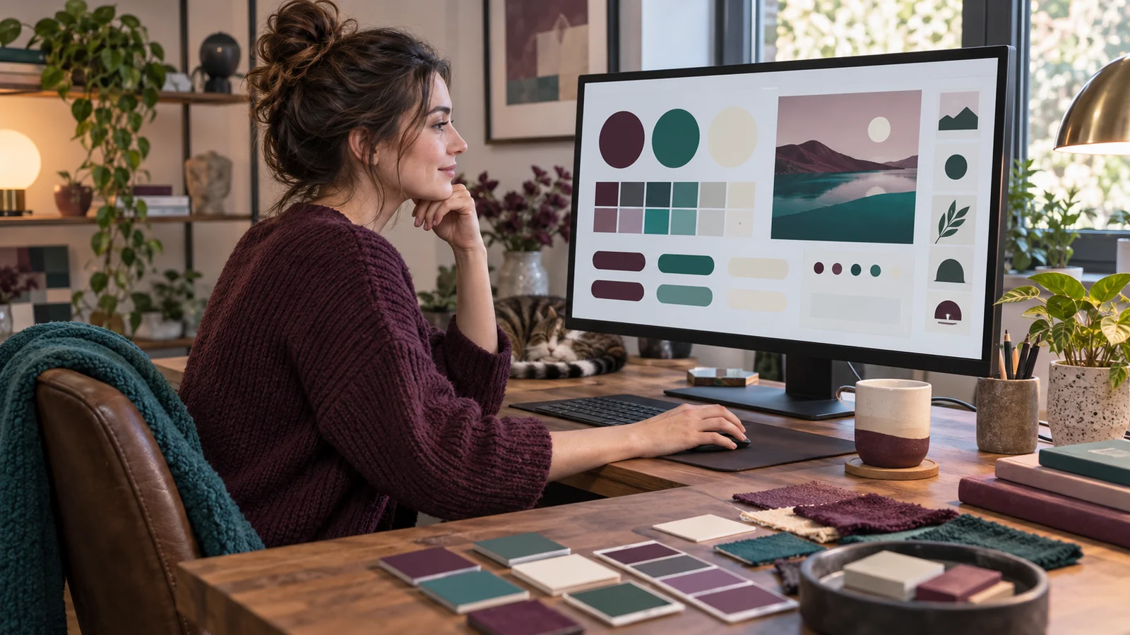 Web designer reviewing reusable interface components with a coordinated plum, teal and cream color palette