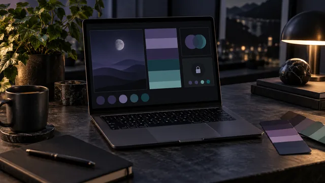 Dark mode color palette with charcoal backgrounds, violet and teal swatches, and a moon illustration on a laptop