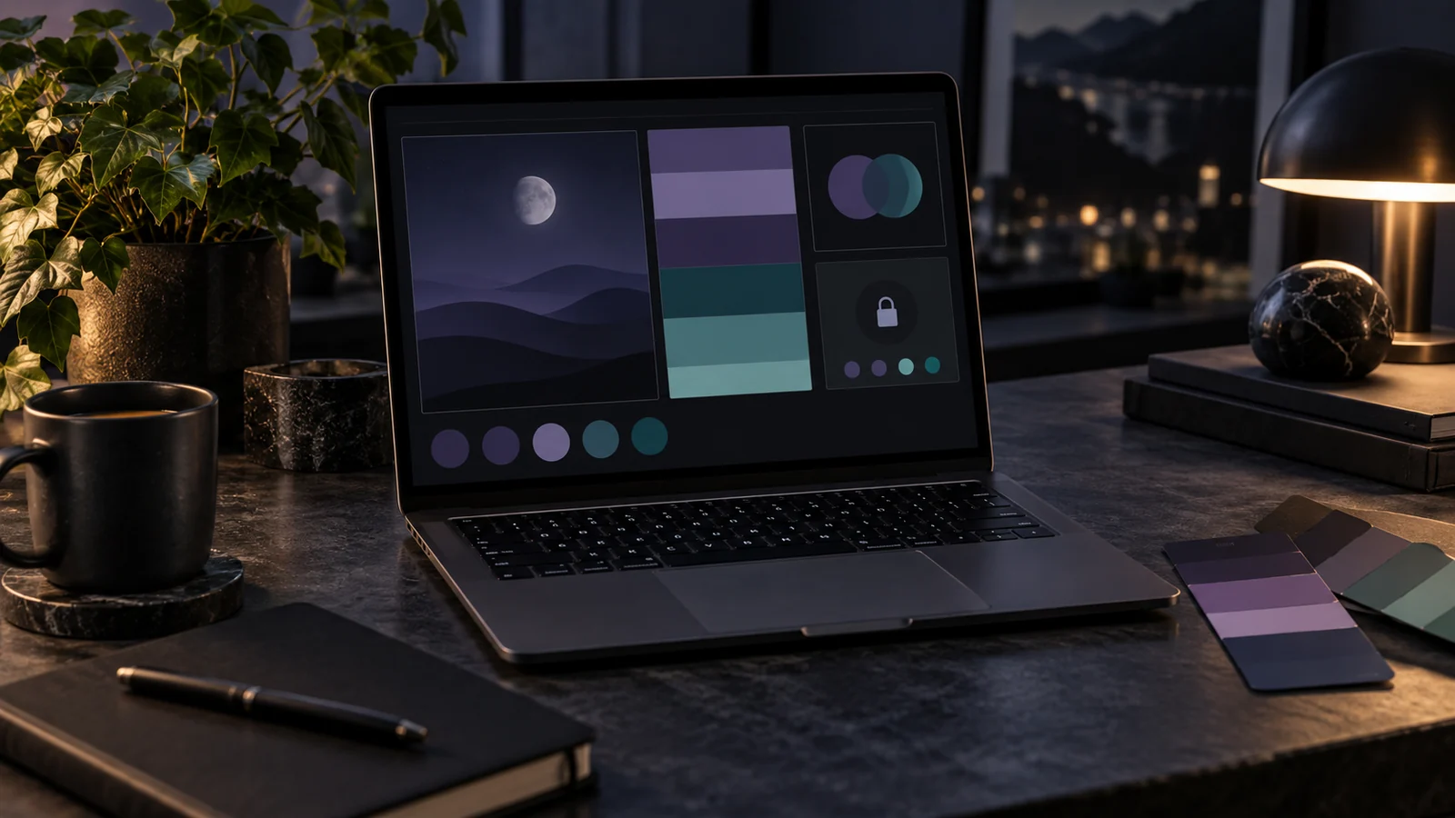 Dark mode color palette with charcoal backgrounds, violet and teal swatches, and a moon illustration on a laptop