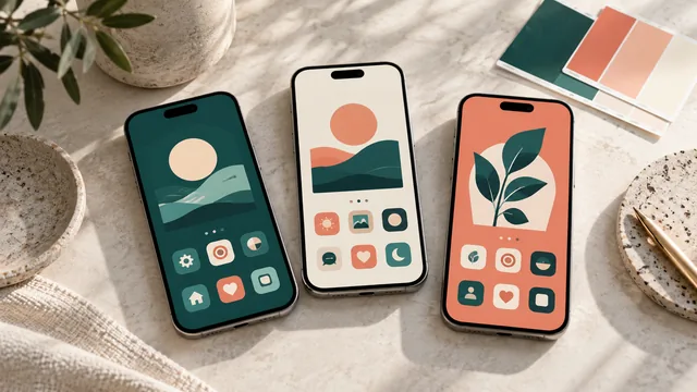 Three mobile app mockups showing a coordinated teal, coral and cream color palette for theme design