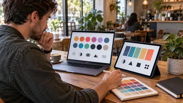 Freelance designer comparing free palette generator layouts on a laptop and tablet in a cafe