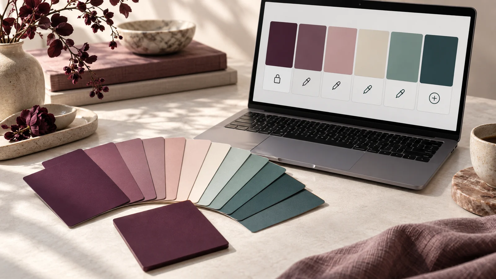 Palette generator displaying a coordinated plum, rose, cream and teal color scheme beside matching swatch cards