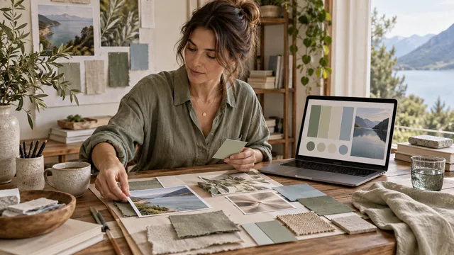 Designer building a calm mood-based color palette with sage fabrics, landscape photos and matching digital swatches