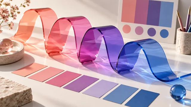Translucent coral, pink, violet and blue acrylic ribbons with matching swatches for a smooth gradient palette