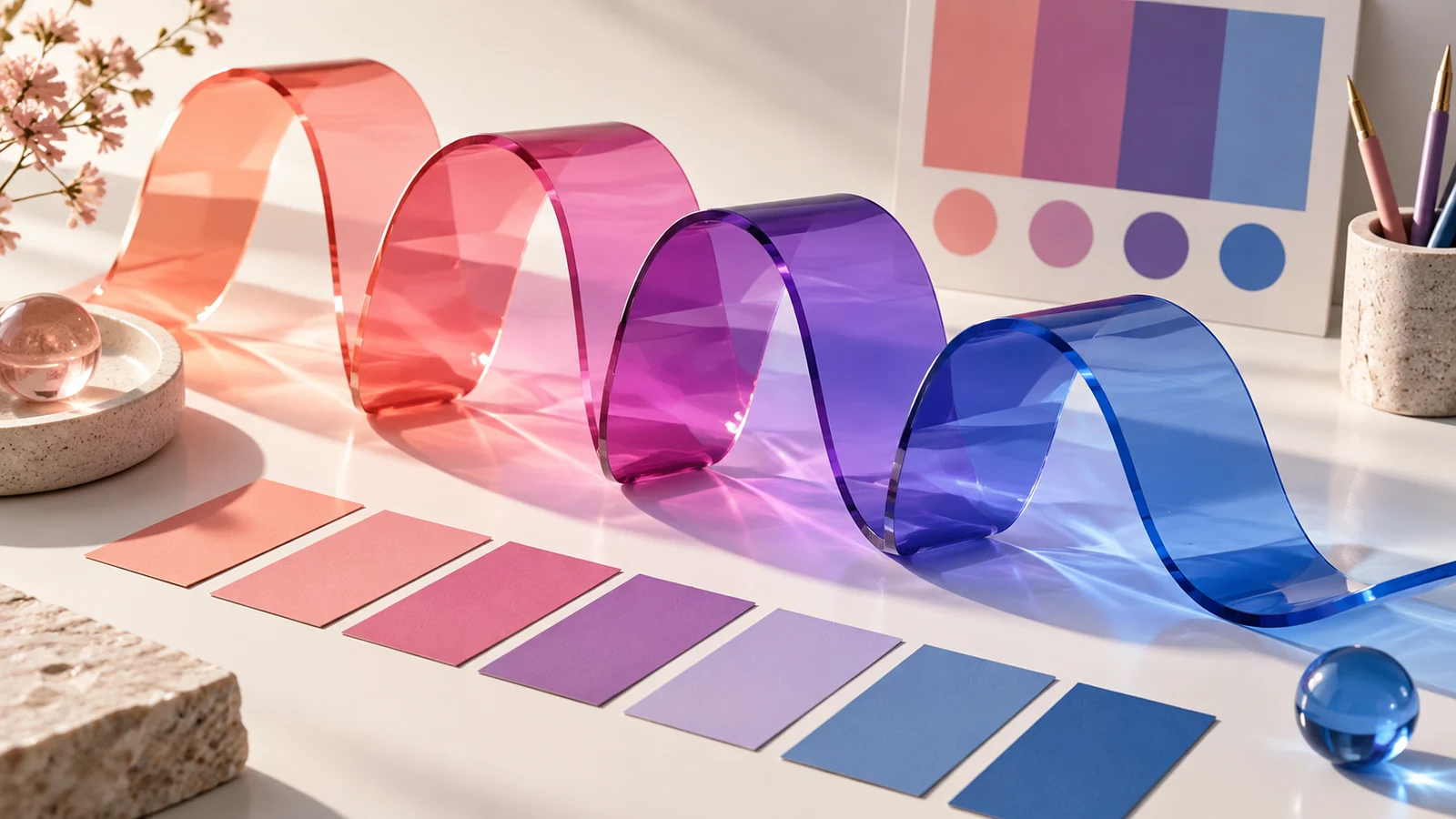 Translucent coral, pink, violet and blue acrylic ribbons with matching swatches for a smooth gradient palette