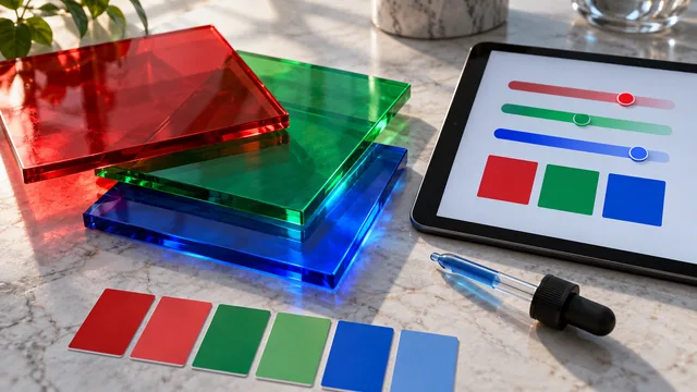Red, green and blue acrylic tiles beside color-channel sliders illustrating the RGB components of hex colors
