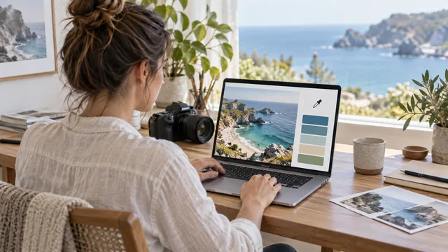Photographer using a palette generator to extract blue, sand and green colors from a coastal image