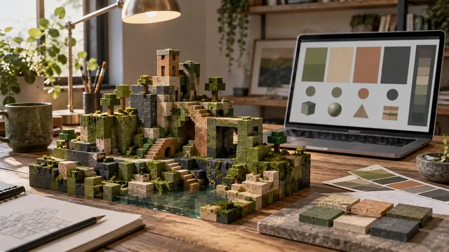 Minecraft-inspired block landscape with moss green, sandstone and terracotta materials beside matching palette swatches