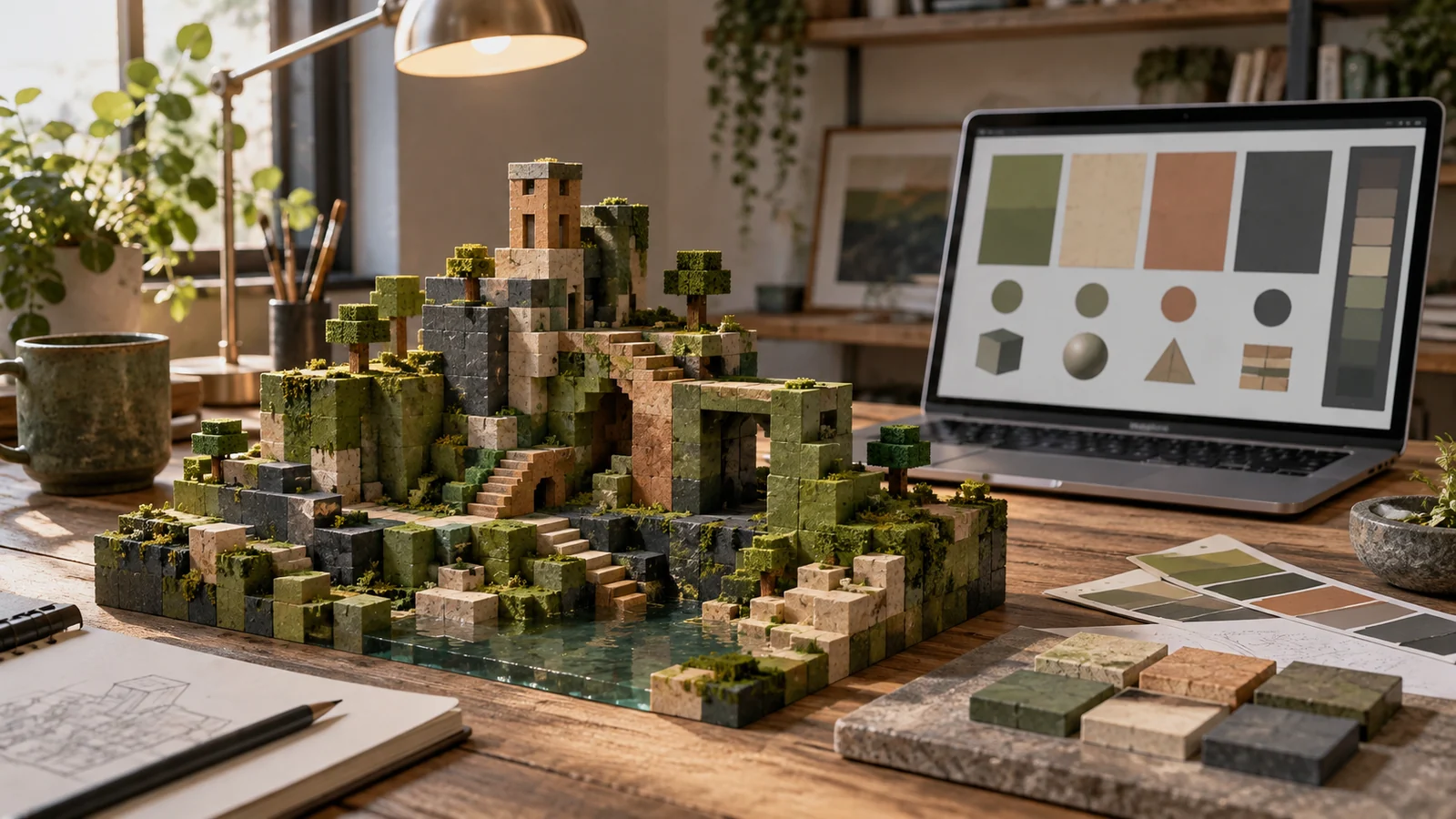 Minecraft-inspired block landscape with moss green, sandstone and terracotta materials beside matching palette swatches
