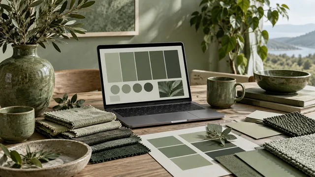 Monochrome green palette on a laptop beside sage and forest green ceramics, fabrics and color samples