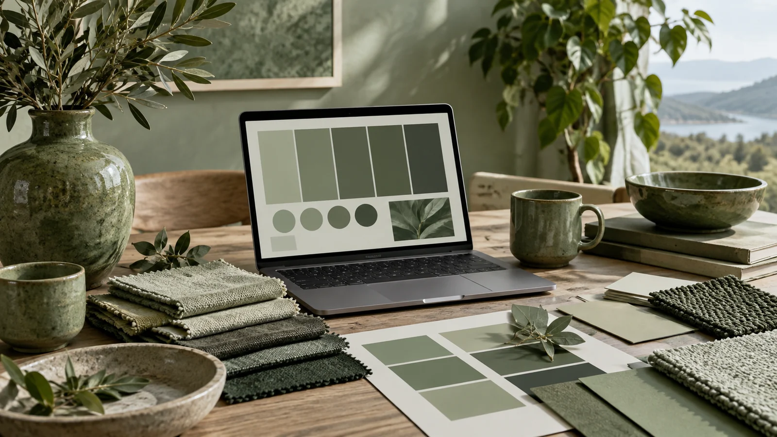 Monochrome green palette on a laptop beside sage and forest green ceramics, fabrics and color samples