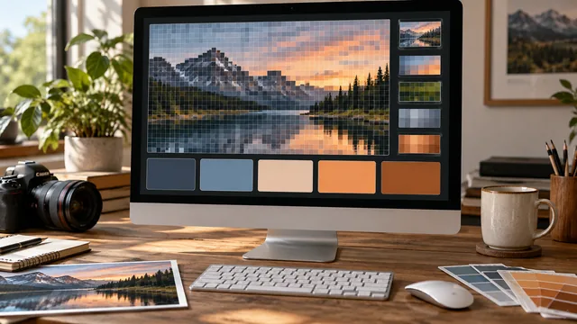 Palette generator grouping colors from a mountain lake photograph into pixel clusters and matching swatches