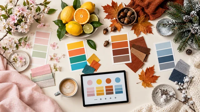 Seasonal color palettes paired with spring blossoms, summer citrus, autumn leaves and winter pine