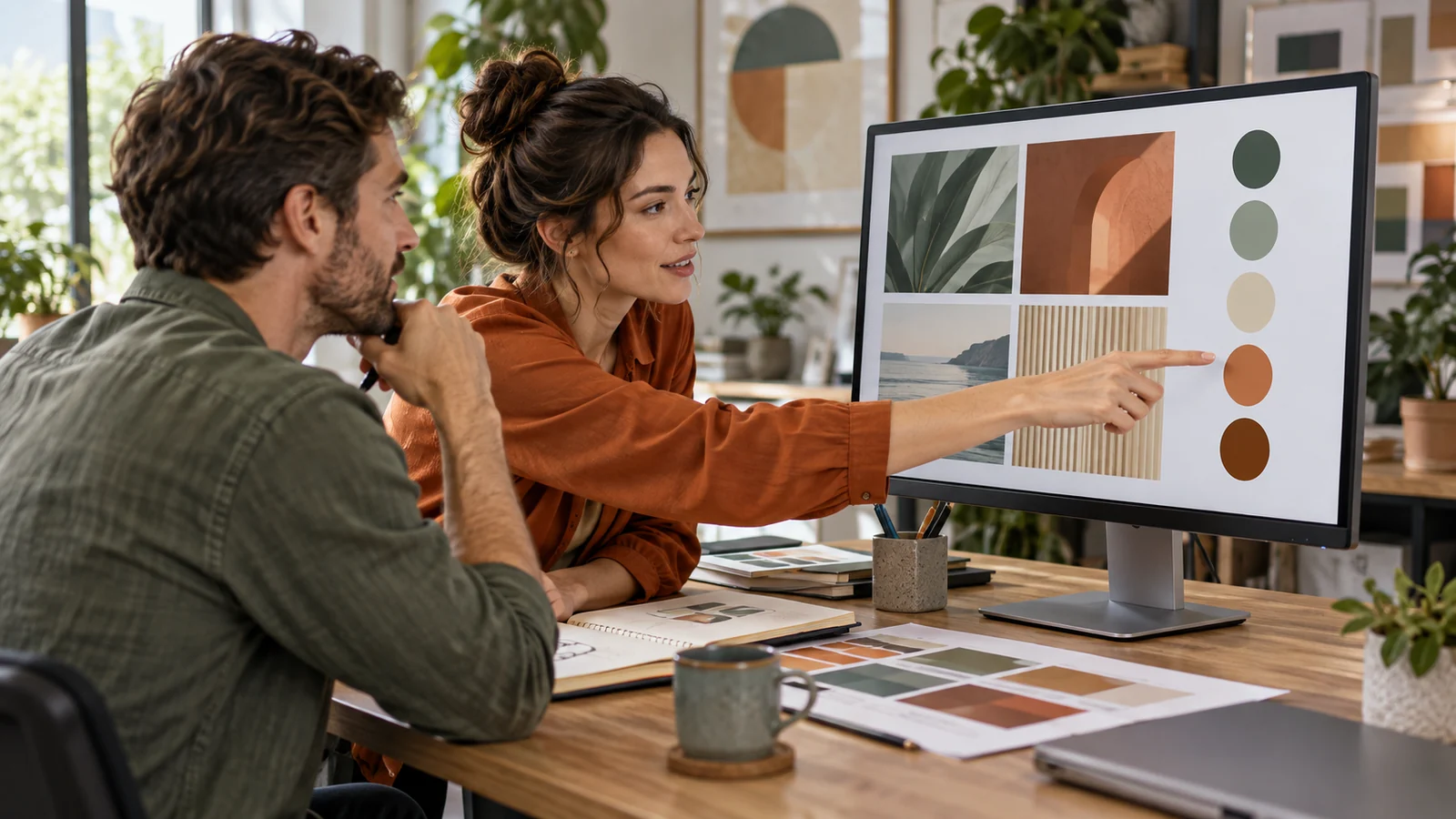 Two designers reviewing coordinated color swatches and visual design assets on a desktop screen