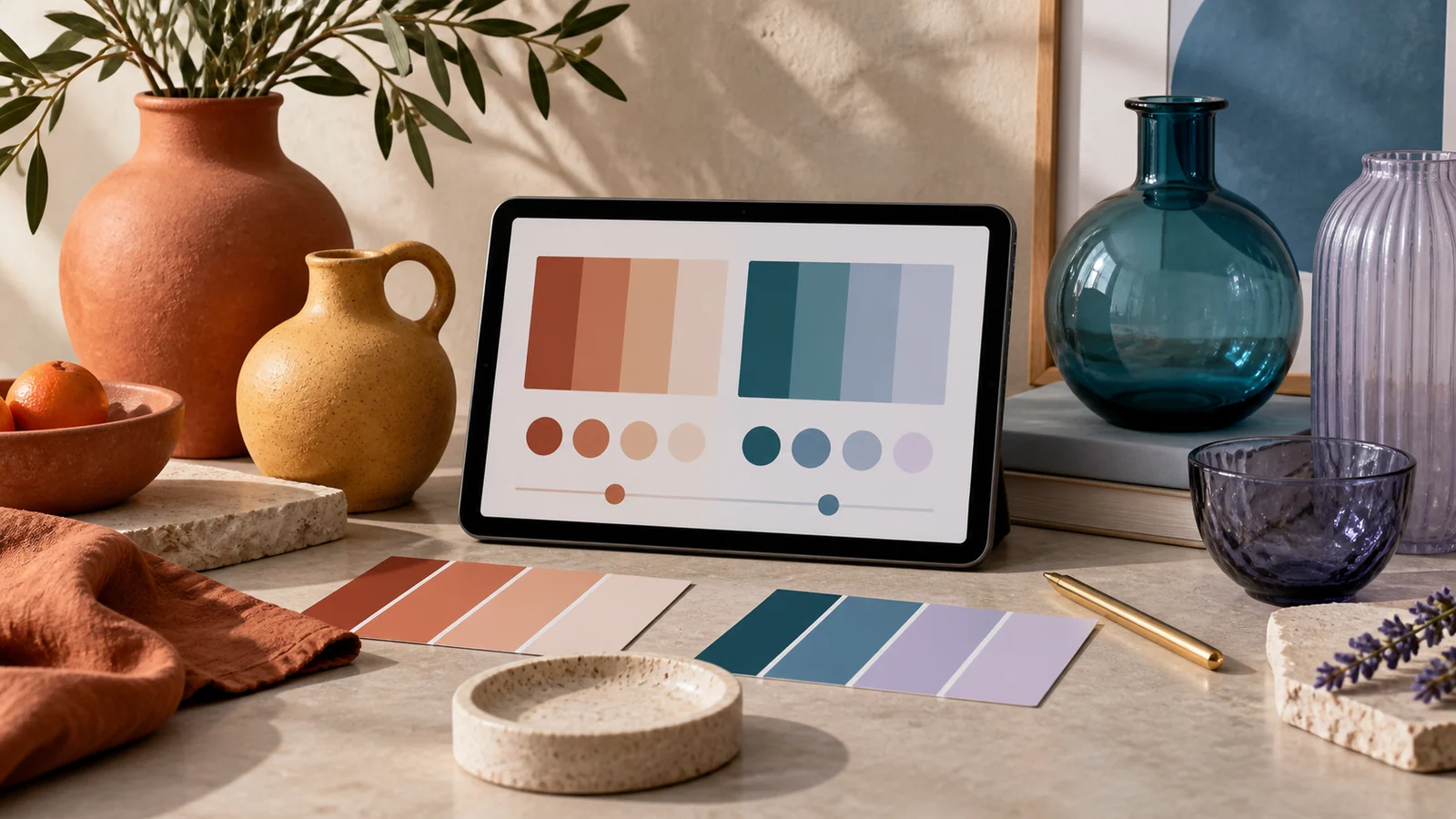 Warm terracotta and ochre ceramics beside cool teal and lavender glass with matching color palette swatches