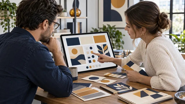 Two designers reviewing an accessible color palette with navy, cream and amber swatches and geometric shapes