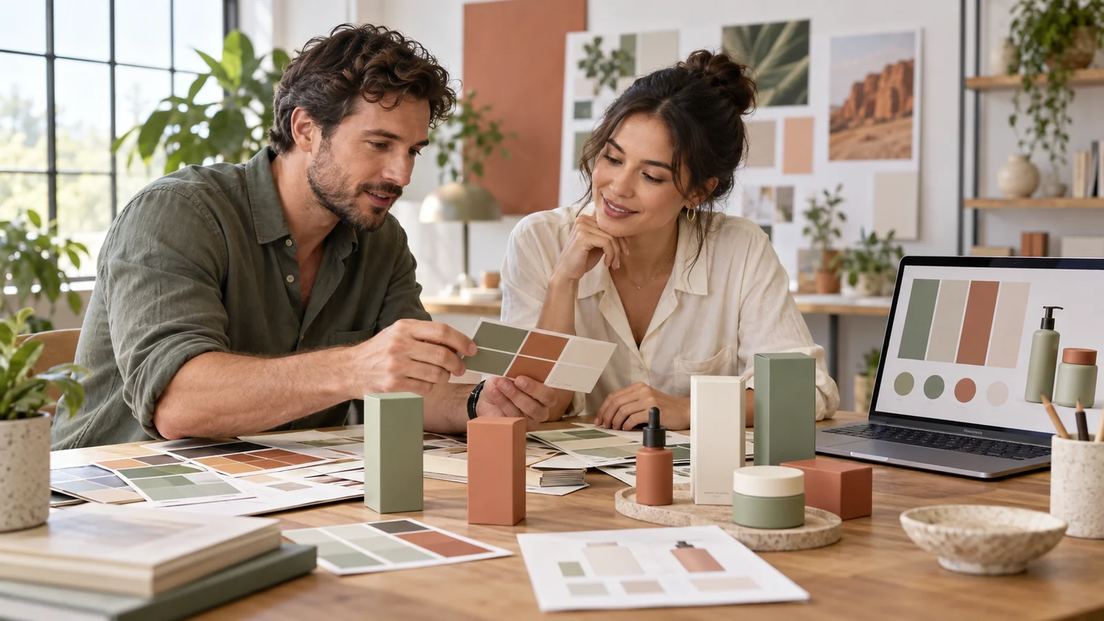 Brand designer and entrepreneur selecting sage, cream and terracotta palette swatches for skincare packaging