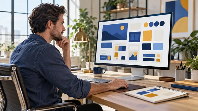 Frontend developer reviewing reusable website components and a blue, gold and cream color palette