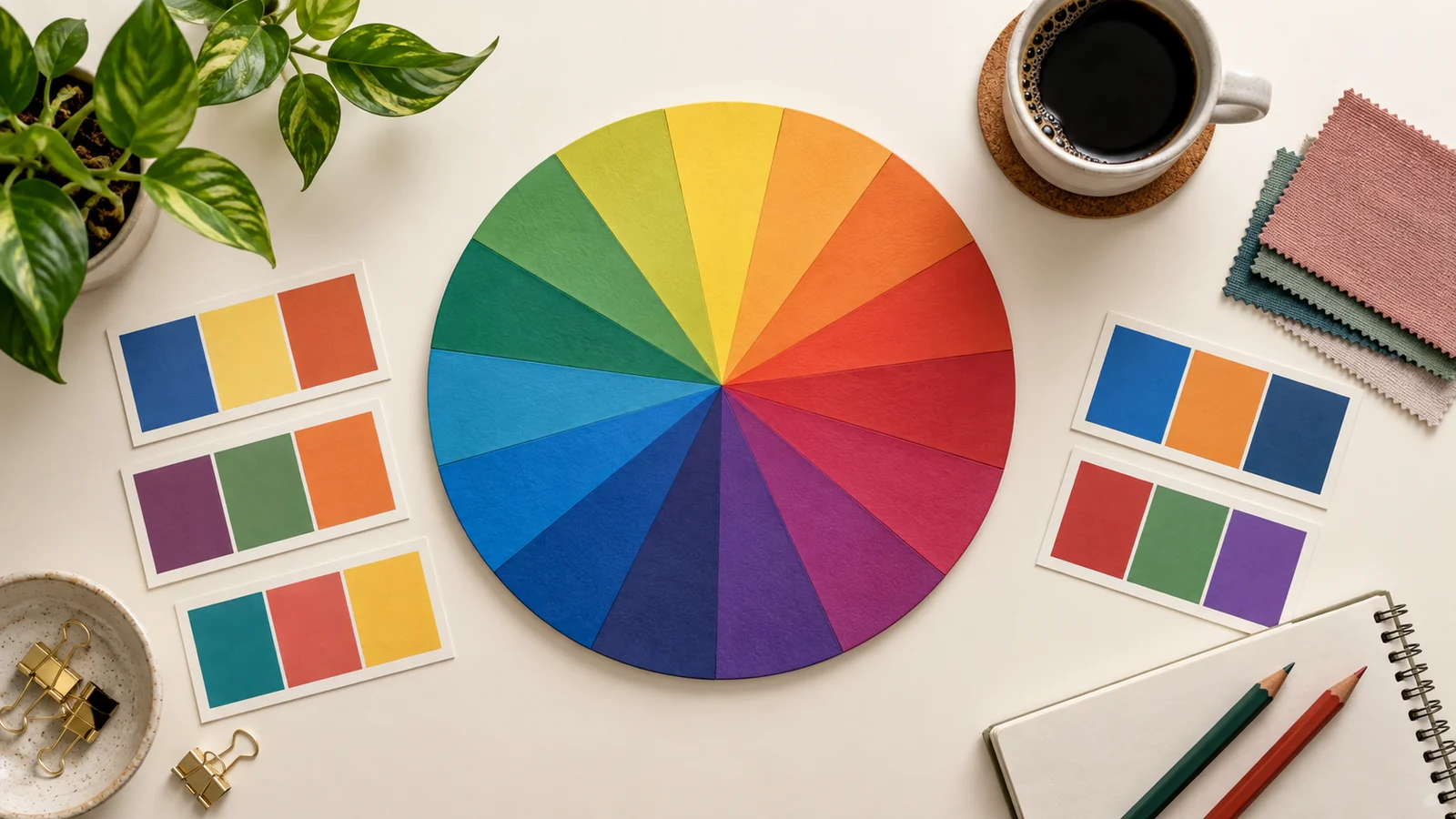 Color wheel with adjacent two- and three-color swatch combinations illustrating color harmony rules