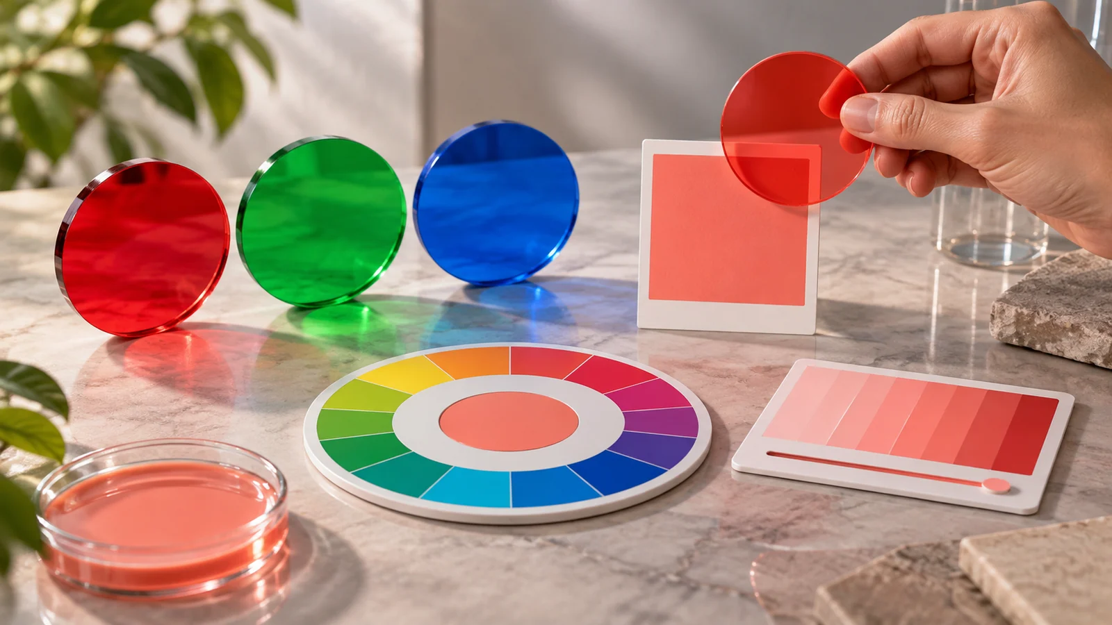 Red, green and blue translucent discs beside a hue wheel and coral swatches illustrating color conversion concepts