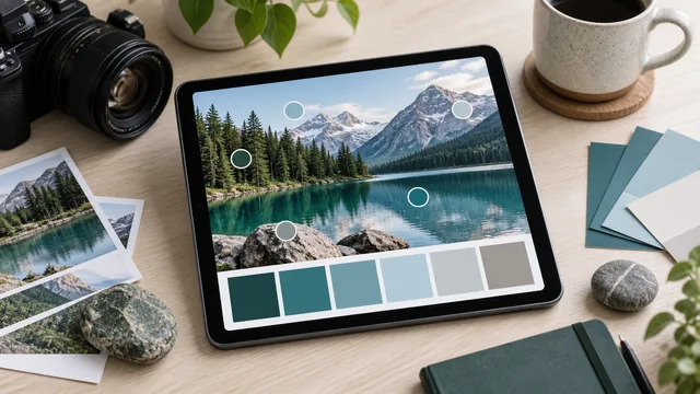 Palette generator sampling colors from a mountain lake image and displaying matching green, teal and gray swatches
