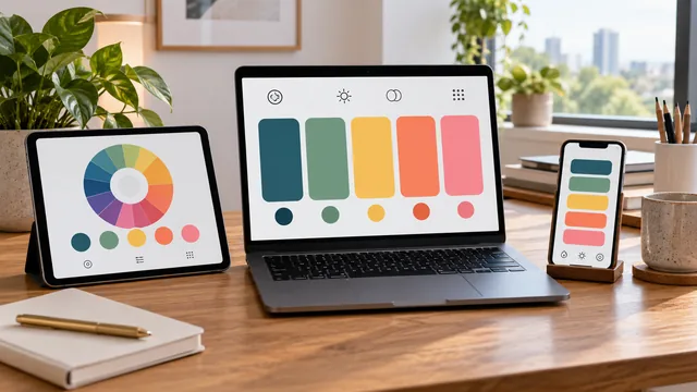 Laptop, tablet and phone displaying different color palette generator layouts with coordinated swatches