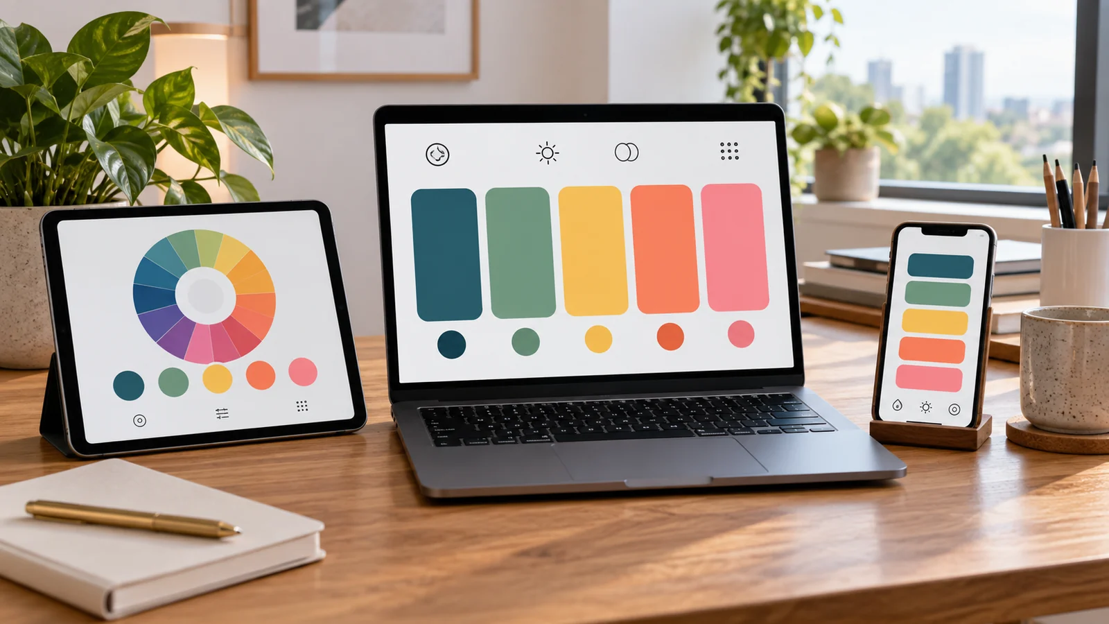 Laptop, tablet and phone displaying different color palette generator layouts with coordinated swatches