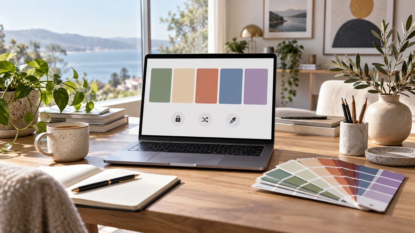 Color palette generator on a laptop showing five coordinated swatches with lock, shuffle and eyedropper icons